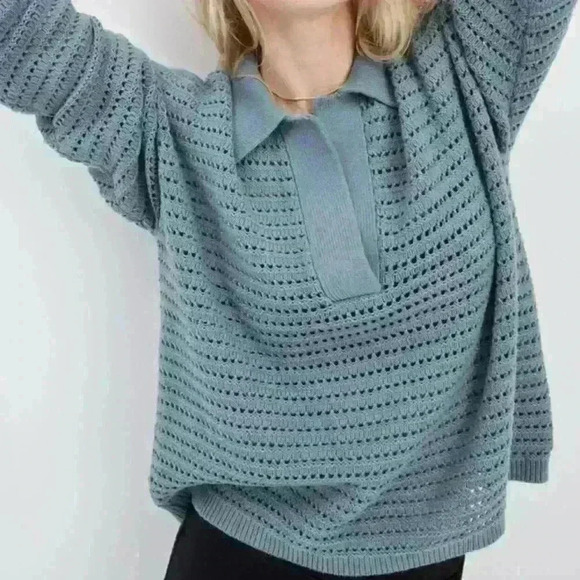 Haven Well Within Organic Cotton Open Stitch Long Sleeve Sweater Blue Medium EUC - Picture 3 of 9